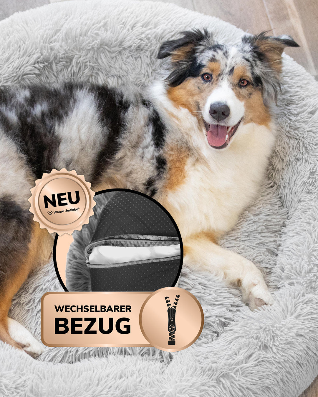 Hund kuschelt im waschbaren Hundebett an nassen Tagen