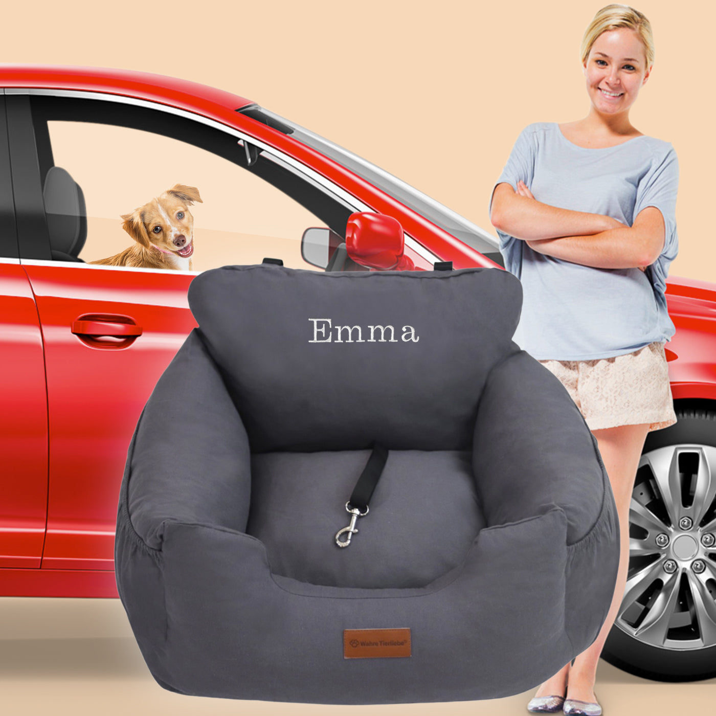 Knuffliger Leder-Look Autositz für Hund, Katze oder Haustier inkl. Flexgurt  kompatibel für VW UP